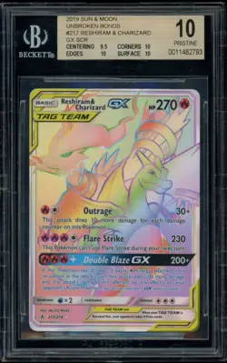 2019 Pokemon Sun & Moon Unbroken Bonds Secret Reshiram & Charizard #217 BGS 10 - Image 1