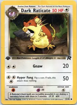 1st Edition Team Rocket Dark Raticate 51/82 Pokemon Card WoTC 2000 - Image 1