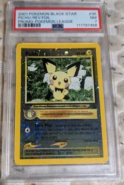 PSA Grade 7 2001 pokemon Black Star #35 Pichu Reverse Holo Promo Pokemon League - Image 1