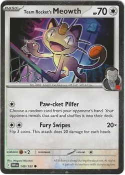 Team Rocket's Meowth Pokemon Card 149/182 Mint Condition - Image 1