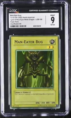 YuGiOh 2002 Man-Eater Bug LOB-108 Insufficient Ink Max Faded Error CGC 9 Mint - Image 1