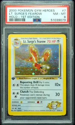 1st Edition Lt. Surges Fearow 7/132 PSA 8 NM-Mint Gym Heroes Holo Pokemon Card - Image 1