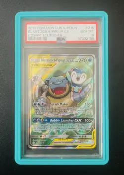 Pokemon Sun & Moon Cosmic Eclipse Blastoise & Piplup GX 215/236 PSA 10 - Image 1