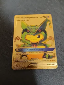 Pikachu Mega Rayquaza Gold Foil Fan Art Textured Collector Pokemon Tag Cos Play - Image 1