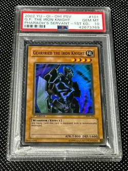 YUGIOH PSA 10 Gearfried the Iron Knight PSV-101 Super 1st Edition Light Fade - Image 1