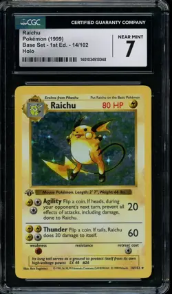 1999 Pokemon Raichu #14 Base Set 1st Edition Shadowless Holo Rare CGC 7 NM - Image 1