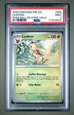 2025 Pokemon Prismatic Evolutions Leafeon Poke Ball Reverse Holo 005/131 PSA 9 - Image 1
