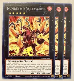 Yugioh! 3x Number 61: Volcasaurus JUSH-EN043 Rare 1st Ed NM - Image 1