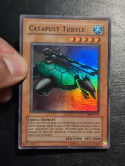 Yu-Gi-Oh! SUPER RARE HOLO CARD CATAPULT TURTLE MRD-075 1996 VINTAGE PRINT MP - Image 3