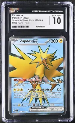 CGC 10 GEM MINT Zapdos ex 192/165 Ultra Rare sv2a Pokemon Card 2023 - Image 1