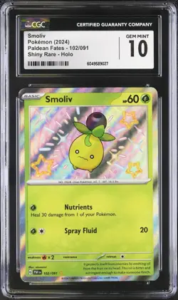 CGC 10 GEM MINT Smoliv 102/091 Paldean Fates Shiny Holo Rare 2024 Pokemon - Image 1