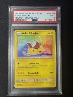 Ash's Pikachu Black Star Promo SM108 Pokemon Card PSA Graded 9 MINT - Image 1