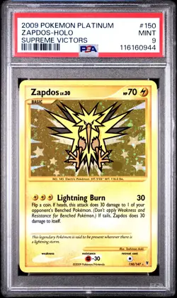 2009 POKEMON PLATINUM SUPREME VICTORS #150 ZAPDOS-HOLO PSA 9 - Image 1