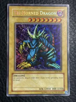 Yugioh Tri Horned Dragon LOB-000 Reverse Secret Rare Foil Bleed Misprint - Image 1