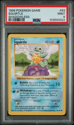 PSA 9 Mint Shadowless Squirtle 63/102 Base Set Pokemon 1999 WOTC Free Shipping - Image 1