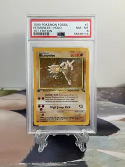 Pokemon Card 1st Edition Hitmonlee - Fossil Set No. 7/62- PSA 8 NM-MINT - Holo - Image 1