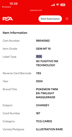 2024 POKEMON TWM EN-TWILIGHT MASQUERADE ILLUSTRATION RARE #187 CHANSEY PSA 10 - Image 3