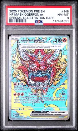 2025 POKEMON PRE EN-PRISMATIC EVOLUTIONS #148 HEARTHFLAME MASK OGERPON EX PSA 8 - Image 1
