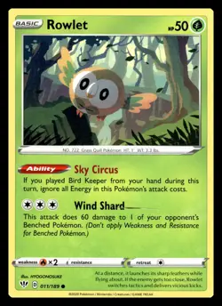Rowlet Common 011/189 SWSH03: Darkness Ablaze Pokemon Card - Image 1