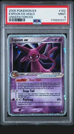 Pokemon 2005 EX Unseen Forces Espeon ex 102/115 Ultra Rare Holo PSA 9 MINT - Image 1
