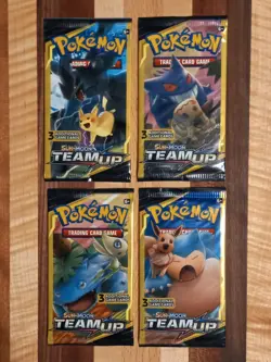 Pokemon S&M: Team Up 3-Card Mini Booster Packs - Full Art Set (4 packs) - NEW - Image 1