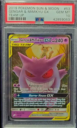 Pokemon 2019 Sun & Moon Team Up Gengar & Mimikyu GX 53/181 PSA 10 Gem Mint - Image 1