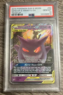 Pokemon 2019 Sun & Moon Team Up Gengar & Mimikyu GX 53/181 PSA 10 Gem Mint - Image 1