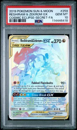 PSA 10 Reshiram & Zekrom 259/236 Cosmic Eclipse Rainbow Tag Team Pokemon Card - Image 1