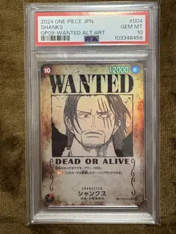 One Piece Shanks PSA10 OP09-WANTED ALT.ART GEM MT 12000 Attack Rare Card - Image 1
