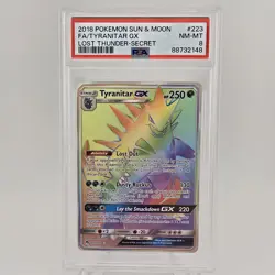 POKEMON SUN & MOON LOST THUNDER TYRANITAR GX SECRET 223 FULL ART - PSA 8 - Image 1