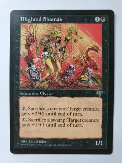 MTG Magic The Gathering Card Blighted Shaman Summon Cleric Black Mirage 1996 - Image 1