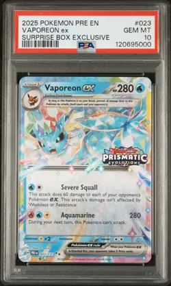 PSA 10 2025 POKEMON PRISMATIC EVOLUTIONS #023 VAPOREON EX SURPRISE BOX STAMPED - Image 1