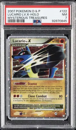 2007 POKEMON DIAMOND & PEARL MYSTERIOUS TREASURES #122 LUCARIO LV.X-HOLO PSA 7 - Image 1