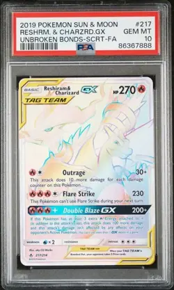 PSA 10 RESHIRAM & CHARIZARD GX 217 UNBROKEN BONDS SECRET RAINBOW RARE POKEMON - Image 1