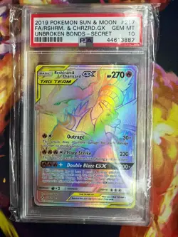 PSA 10 RESHIRAM & CHARIZARD GX 217 UNBROKEN BONDS SECRET RAINBOW RARE POKEMON - Image 1