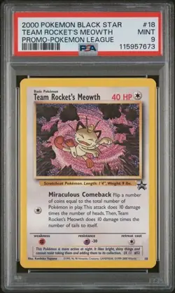 2000 POKEMON PROMO BLACK STAR POKEMON LEAGUE #18 TEAM ROCKET'S MEOWTH PSA 9 - Image 1
