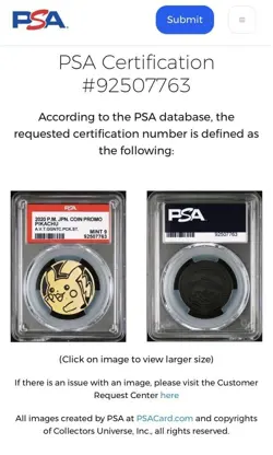 PSA 9 Pikachu Promo 2020 Pokemon TCG Metal Coin Ultra Rare Population 8 Graded - Image 2