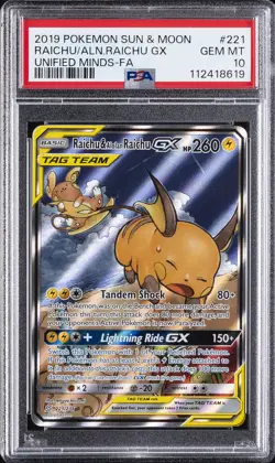 2019 POKEMON SUN & MOON UNIFIED MINDS FULL ART/RAICHU & ALOLAN RAICHU GX PSA 10 - Image 1
