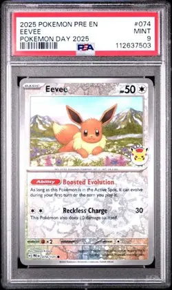 PSA 9 Mint Eevee Pokemon Day 2025 Reverse Holo 074 2025 Pokemon PRE EN - Image 1