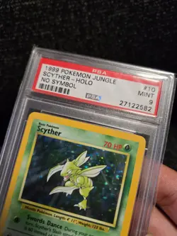 PSA 9 Mint Pokemon 1999 Unlimited Holo Scyther Jungle No Symbol Error #10 Rare! - Image 3