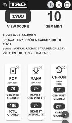 Pokemon - Starmie V - Astral Radiance - TG13/TG30 - Full Art - TAG 10 GEM MINT - Image 3