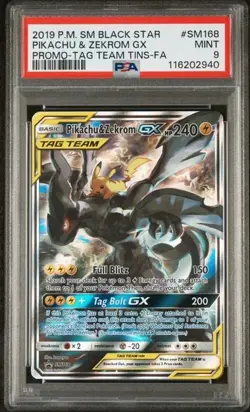 Pokemon Pikachu & Zekrom GX Tag Team Tins Full Art Promo SM168 PSA 9 Mint - Image 1