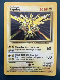 Pokemon TCG Zapdos Base Set Holo Unlimited Holo Rare Card #16/102 - Image 1