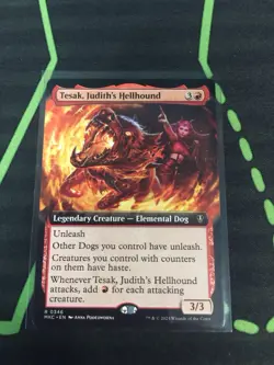 MTG Magic The Gathering Tesak, Judith’s Hellhound MKC Rare Ext Art Red Dog - Image 1