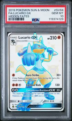 2019 Pokemon SM Hidden Fates Lucario Shiny Vault Holo Rare #SV64/SV94 PSA 10 - Image 1