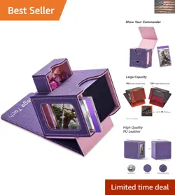 Stylish Trading Card Holder with Dual Compartments - Fits 100 Cards, Purple/Pink - Image 1