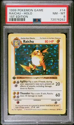1999 POKEMON BASE SET 1ST EDITION #14 RAICHU-HOLO PSA 8 - Image 1