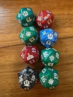 8 MTG spin-down dice from various sets in a Crown Royal bag Magic the Gathering - Image 1