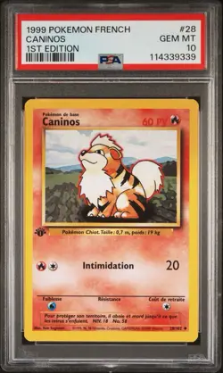 1999 Pokemon FRENCH 1st Edition Base Set Caninos-Growlithe 28/102 PSA 10 GEM - Image 1