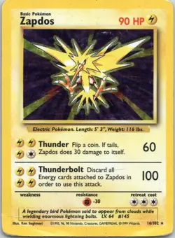 ZAPDOS 1999 Base Set Pokemon Holo Rare Card #16/102 - Image 1
